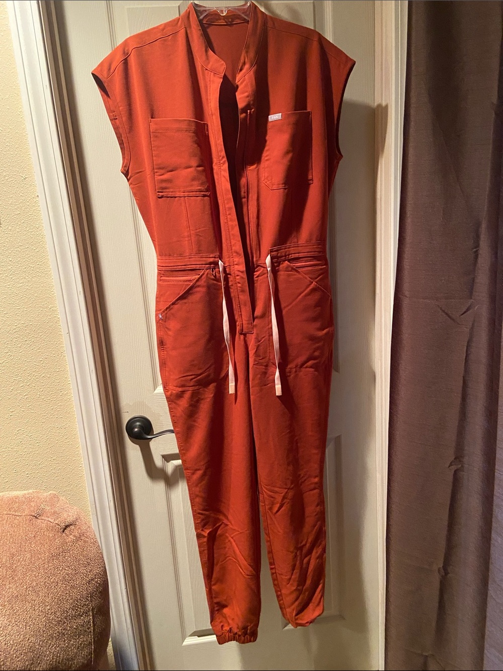 Figs Rust-Red Sleeveless Utility Jumpsuit with Drawstring Waist